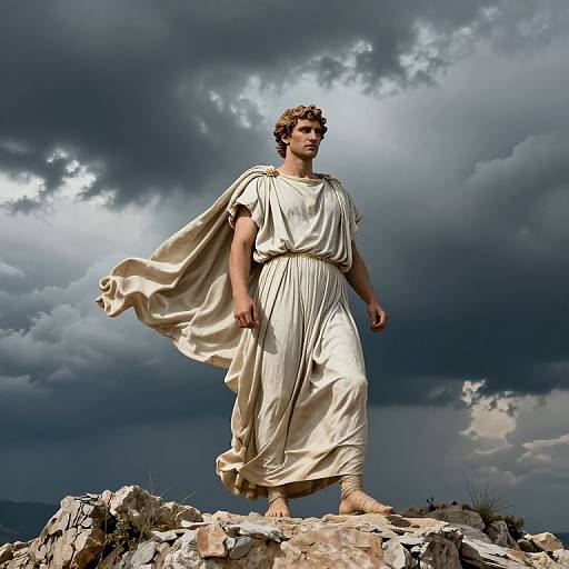Photograph of a young man with curly brown hair, wearing a flowing white toga, standing barefoot on rocky terrain, under dramatic, cloud-filled