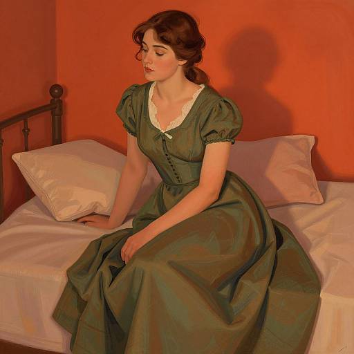 Photograph-style digital art of a fair-skinned woman with dark, wavy hair in a green Victorian dress, sitting on an orange-walled bed