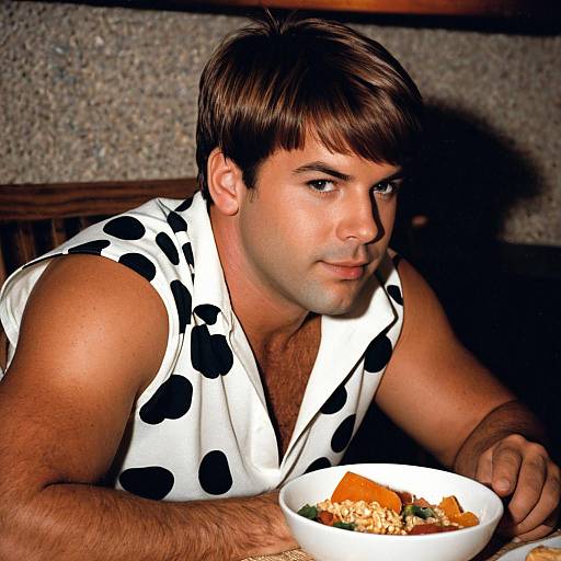 Man in Fred Flintstone Costume Eating Salad