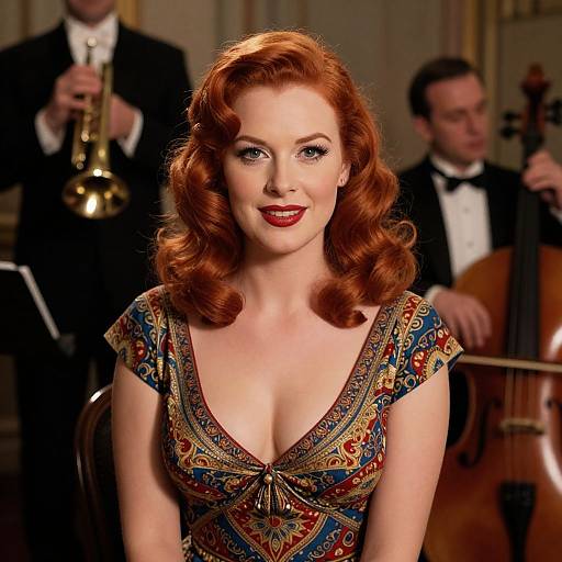 Photograph of a red-haired woman with vintage curls, wearing a low-cut, patterned dress, smiling, with two male musicians in tuxed
