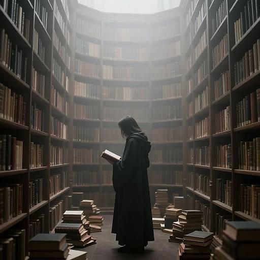Photograph of a lone figure in a long black coat, standing in a dimly lit, circular library aisle, surrounded by tall bookshelves and