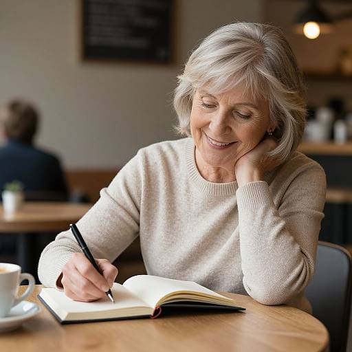 Photograph of an elderly woman with short gray hair, smiling, writing in a notebook at a wooden cafe table, wearing a beige sweater.