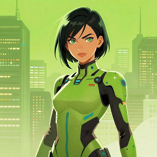 Futuristic Female in Vibrant Green Cityscape
