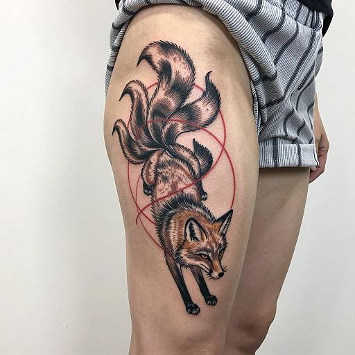 Intricate Fox Tattoo on Upper Thigh