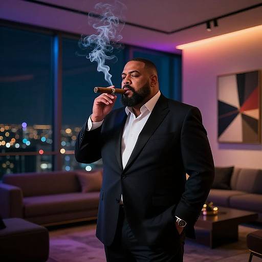 Photograph of a muscular, bearded Black man in a black suit and white shirt, smoking a cigar, in a modern, dimly-lit