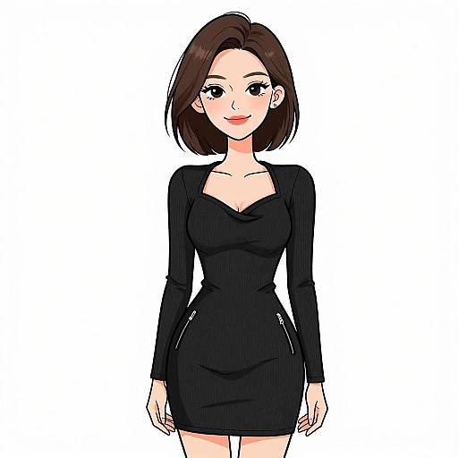 Digital anime-style drawing of a smiling woman with short brown hair, wearing a tight black long-sleeve dress, standing against a white background.