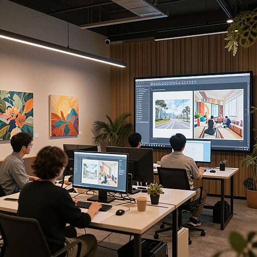 Photograph of modern office with four people working at desks, watching presentation on large screen showing architectural design, colorful floral art on walls, wooden paneling