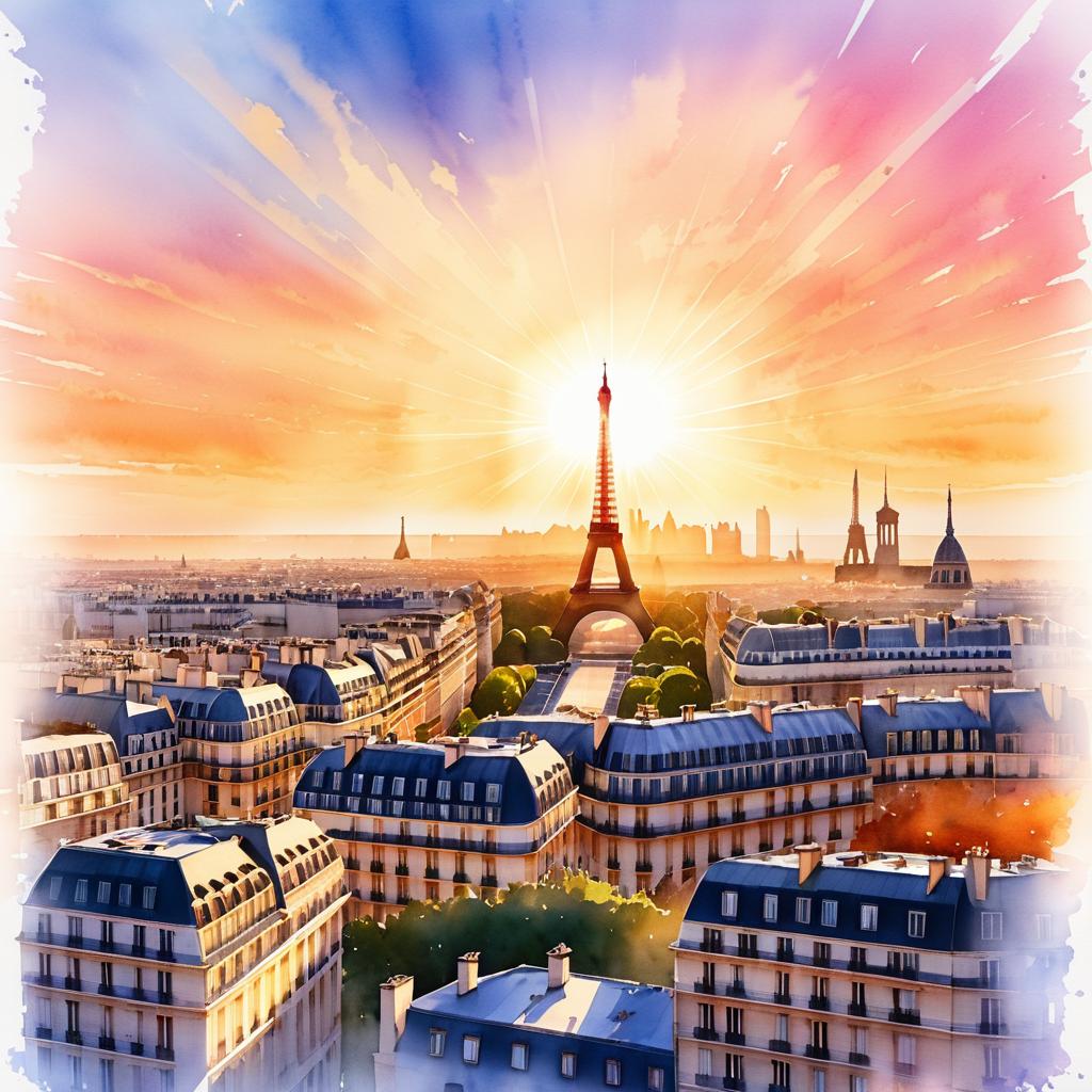 Sunset Watercolor Skyline of Paris