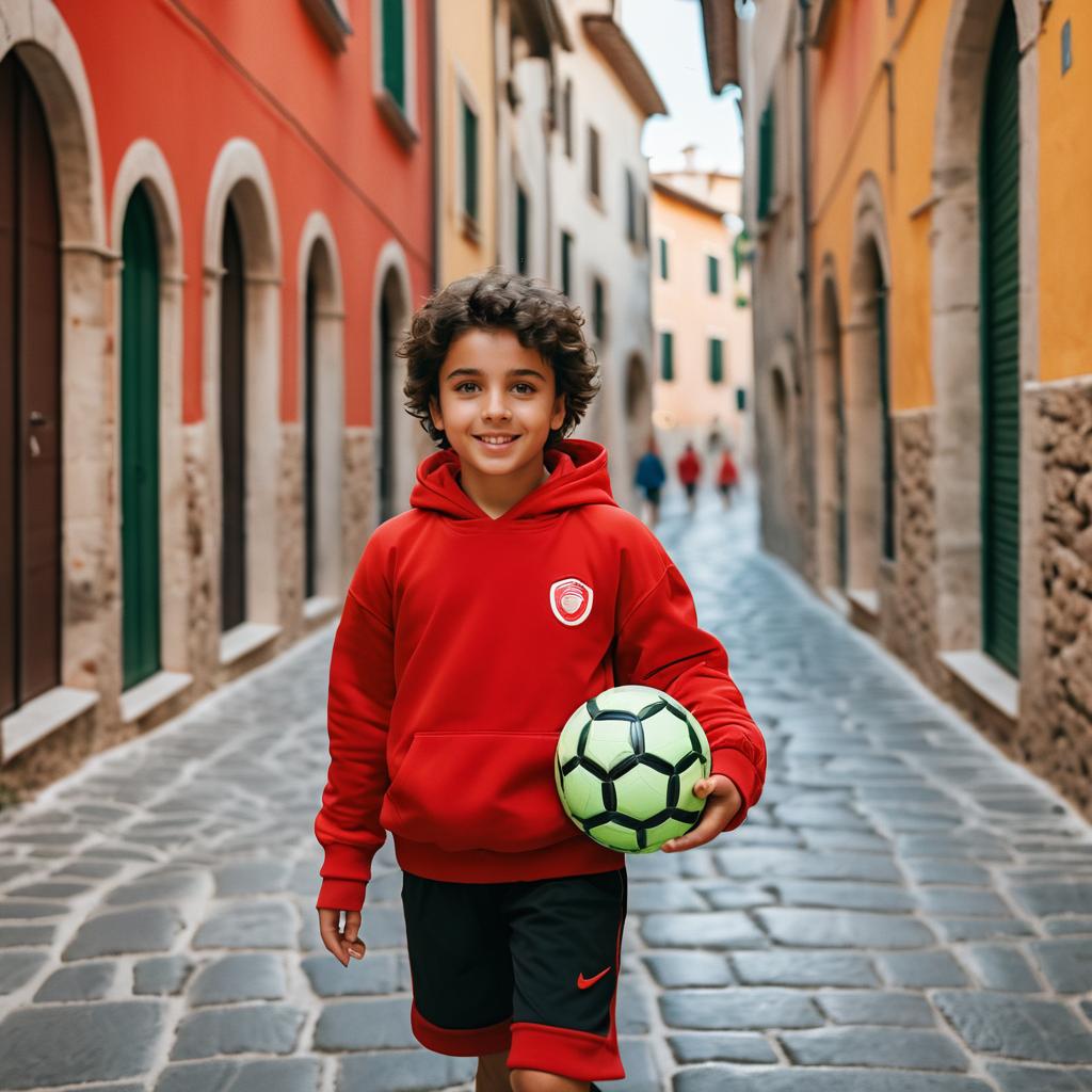 Cheerful Boy Playing Soccer in Italy