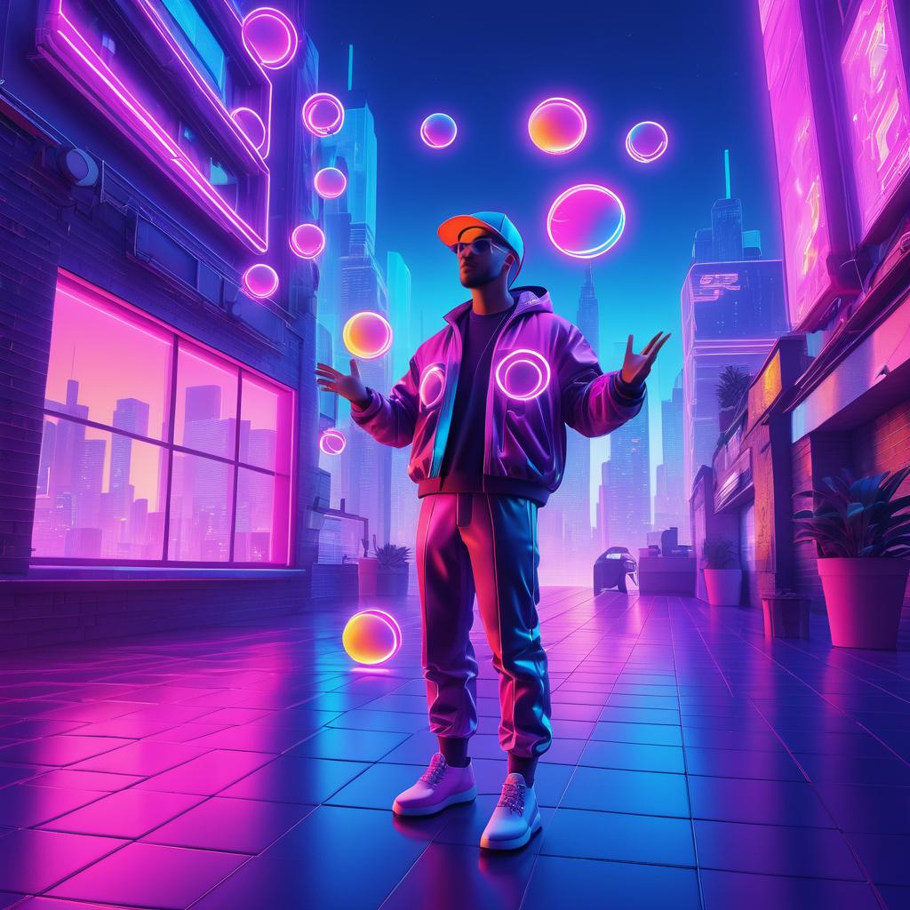 Neon Juggling in a Retro Futuristic City