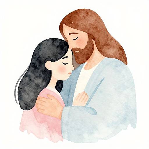 Peaceful Jesus Embracing Girl Watercolor