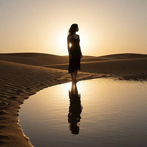 Silhouetted woman standing in shallow desert oasis, reflection in water, sun setting behind her, golden sky, rippled sand dunes.
