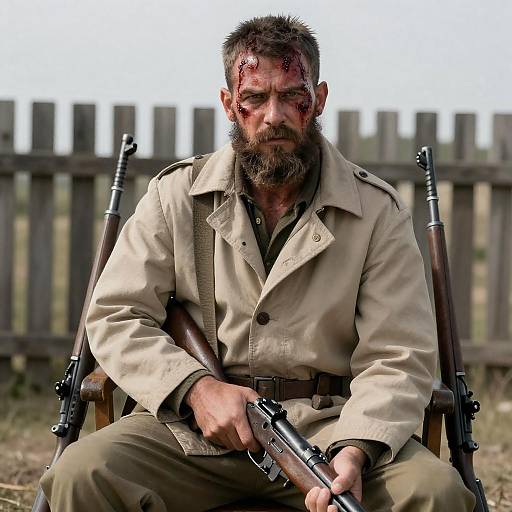 Rugged Man with Rifle in Intense Mood