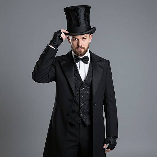 Photograph of a bearded man in a black top hat, black Victorian-style suit, white shirt, black bow tie, and black gloves, adjusting