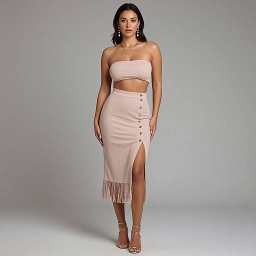 Photograph of a South Asian woman with medium skin tone, black hair, wearing a strapless, pink, ribbed, buttoned, high-s