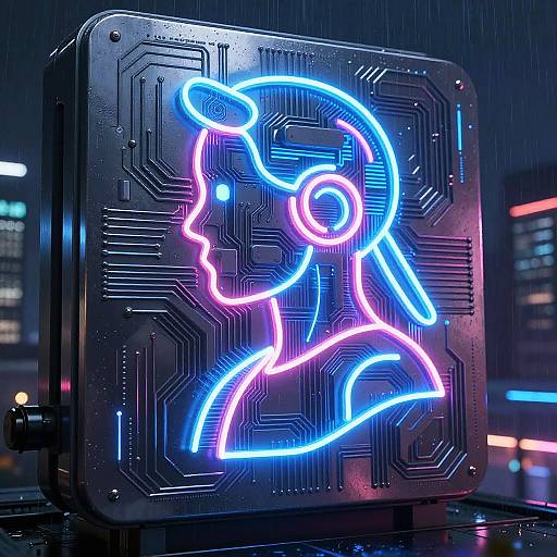 Neon-lit, digital-style profile of a woman's head in bright blue, purple, and white on a black, circuit-board illuminated sign,