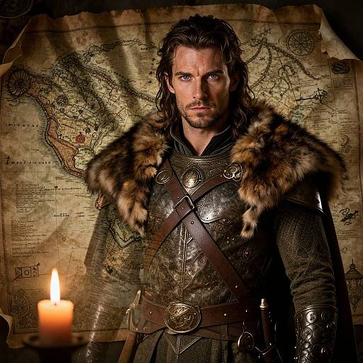 Photograph of a rugged, bearded man with long brown hair, wearing metallic armor with fur trim, standing before a vintage map, with a lit