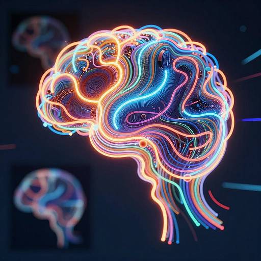 Neon-lit, colorful, wireframe-style jellyfish sculpture with vibrant blue, orange, and white lights against a dark background, featuring two blurred