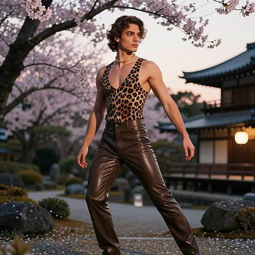 Photograph of a muscular man with curly brown hair in a leopard-print tank top and black leather pants, standing confidently under cherry blossom trees at sunset in