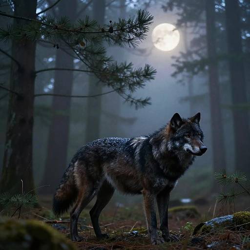Photograph of a lone, wet, dark-furred wolf standing in a misty, moonlit forest, surrounded by tall trees and dense underbrush