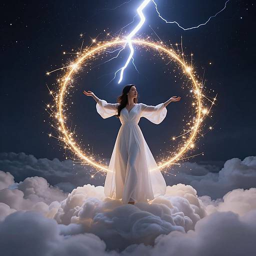Photograph of a woman in a white, flowing robe standing on clouds, surrounded by a glowing, circular sparkler, with a bright lightning bolt in