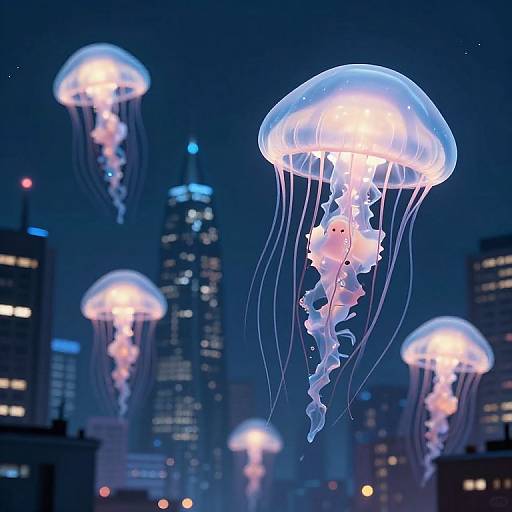 Photograph of glowing jellyfish with translucent blue and white bell-shaped bodies floating in a nighttime urban skyline, surrounded by illuminated skyscrapers.