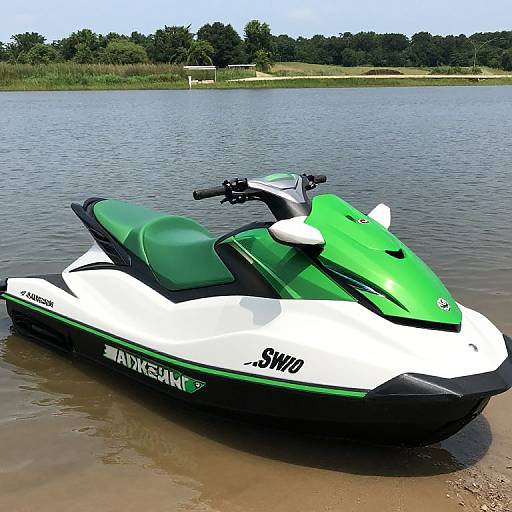 Photograph of a green and white Yamaha jet ski with black accents, parked in shallow water near a wooded lakeshore.