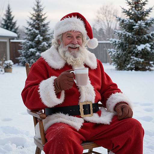 Photograph of smiling Santa Claus with white beard, in red suit with white fur trim, holding a white mug, sitting outdoors in snowy garden with pine