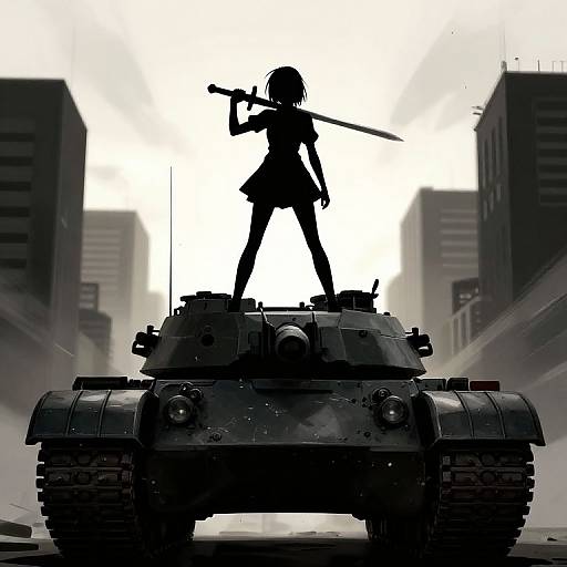 Silhouetted anime girl with sword standing on tank in urban, foggy cityscape. Dark, dramatic, digital art style.