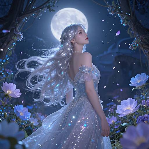 Digital art: Ethereal, silver-haired woman in sparkly, off-shoulder white gown stands in glowing blue moonlit garden, surrounded by lum