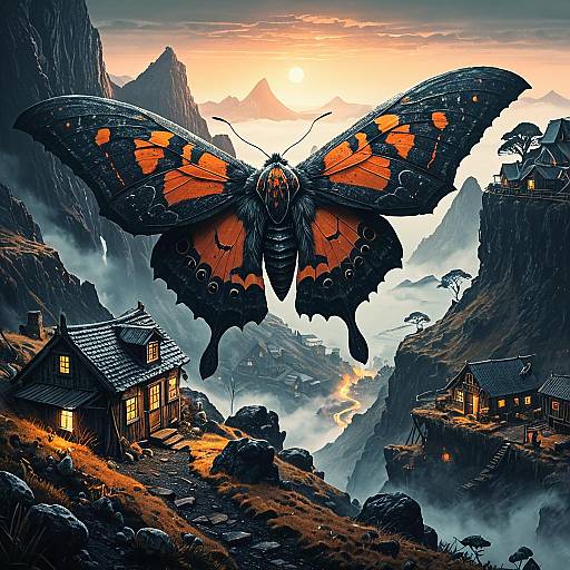 Giant Moth Over Misty Volcanic Terrain