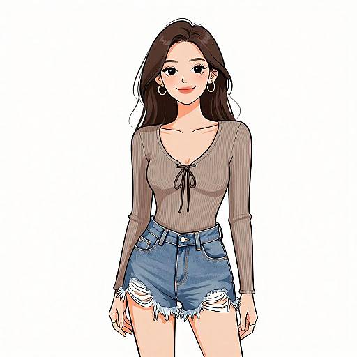 Digital anime-style drawing of a smiling young woman with long brown hair, wearing a sheer brown top and frayed blue denim shorts.