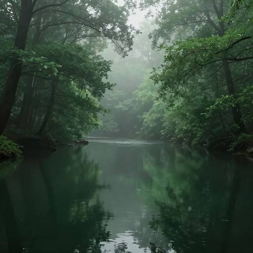 Photograph of a serene, misty forest creek with dark, reflective water, surrounded by lush, green trees and dense foliage.