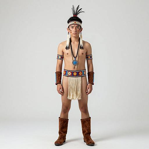Photograph of a young Asian man in traditional Native American attire: feathered headband, necklace, arm bands, fringe loincloth, brown boots