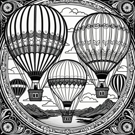 Mandala Style Steampunk Hot-Air Balloons Line Art