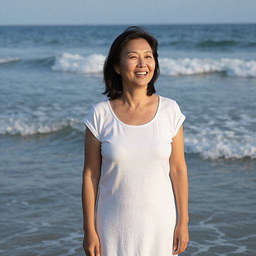 Photograph of a smiling Asian woman with short black hair, wearing a white, slightly wet dress, standing on a sunny beach with gentle waves in the