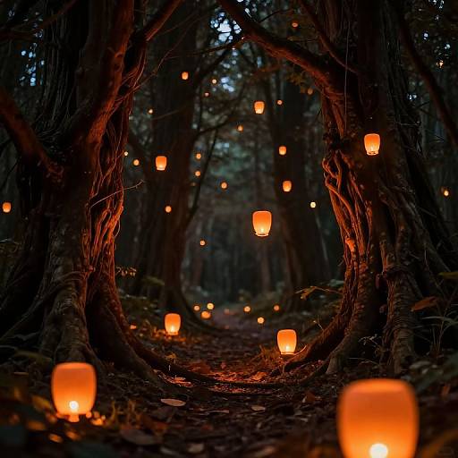 Photograph of a dark forest path lined with glowing orange paper lanterns, creating a magical, illuminated tunnel effect.