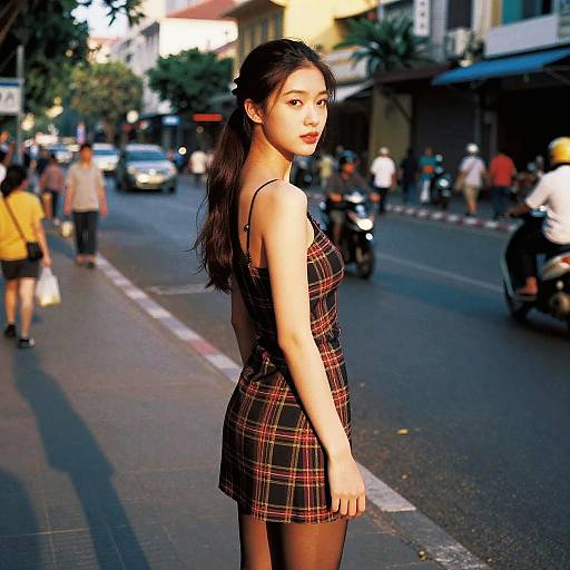 Photograph of an Asian woman with long black hair in a plaid dress, standing on a busy urban street, looking back. Background includes pedestrians,