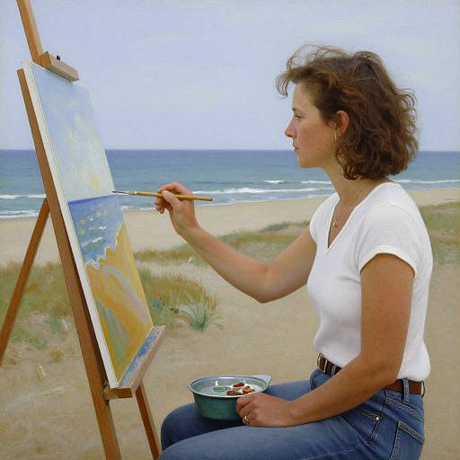 Photograph of a curly-haired woman in a white shirt painting a beach landscape on an easel, holding a brush, with a paint bucket beside her