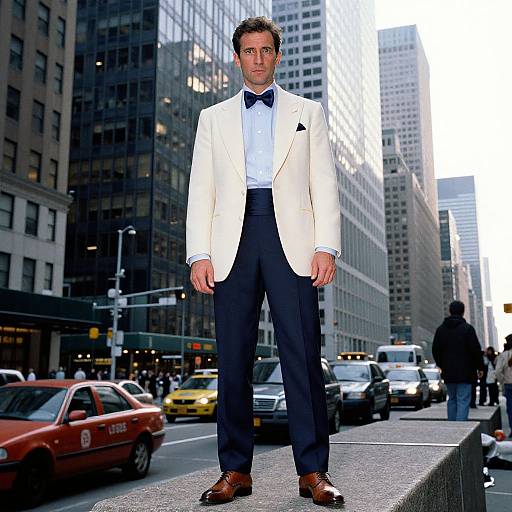 Photograph of a man in a white tuxedo, blue bow tie, standing on a city street, surrounded by tall buildings, yellow taxis,