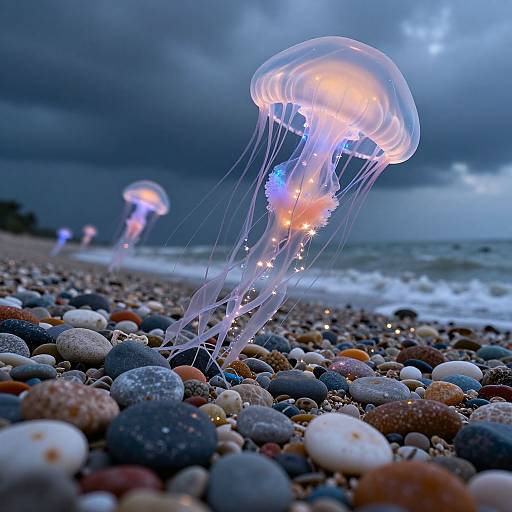 Photograph of glowing jellyfish with translucent, orange-lit bell and trailing tentacles floating above a colorful pebble beach under a stormy, blue