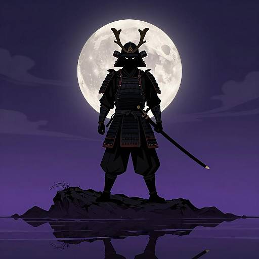 Samurai Silhouette Under a Full Moon