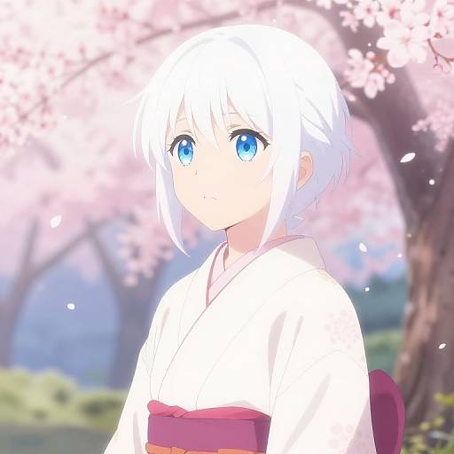 Anime-style digital illustration of a white-haired girl with large blue eyes, wearing a white kimono, standing under cherry blossoms.