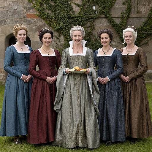 Photograph of five women in historical 18th-century dresses, standing on grass, holding a tray of food, in front of a stone wall with