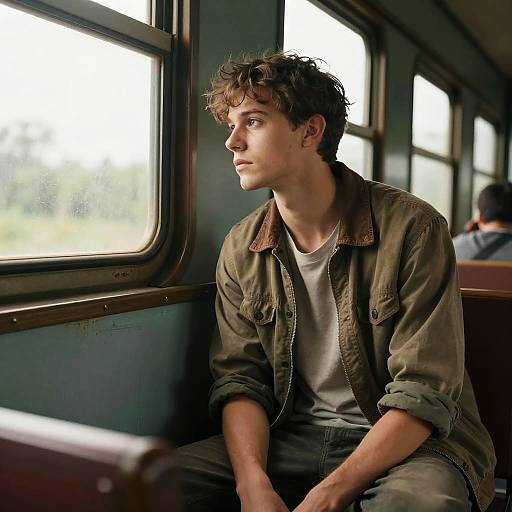 Contemplative Young Man on Vintage Train