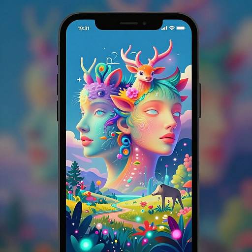 Digital illustration of a smartphone screen displaying a vibrant, surreal portrait of two ethereal, horned women with colorful hair and nature elements, set against a