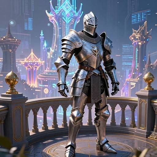 CGI image of a knight in shiny, detailed medieval armor standing on a circular balcony, with a futuristic cityscape of neon-lit skyscrapers