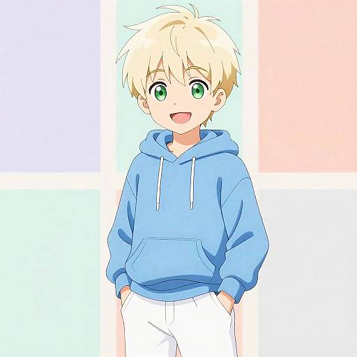 Joyful Anime Boy in Pastel Blocks
