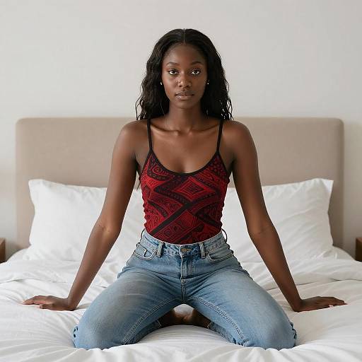Portrait of Slender Black Woman on Bed