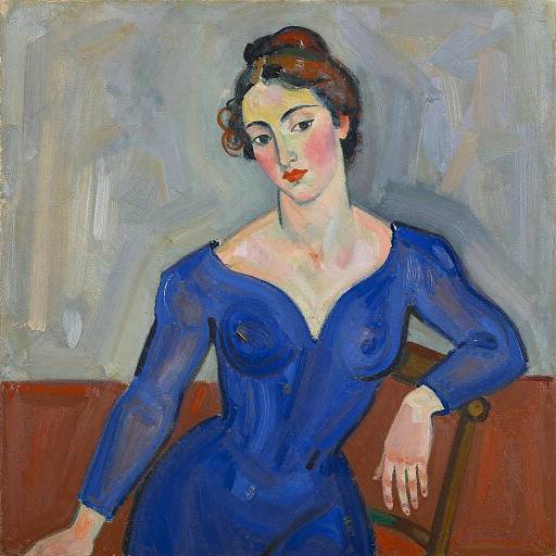 Oil painting of a fair-skinned woman with red lipstick, wearing a sheer blue dress, seated on a red chair against a textured gray and white background